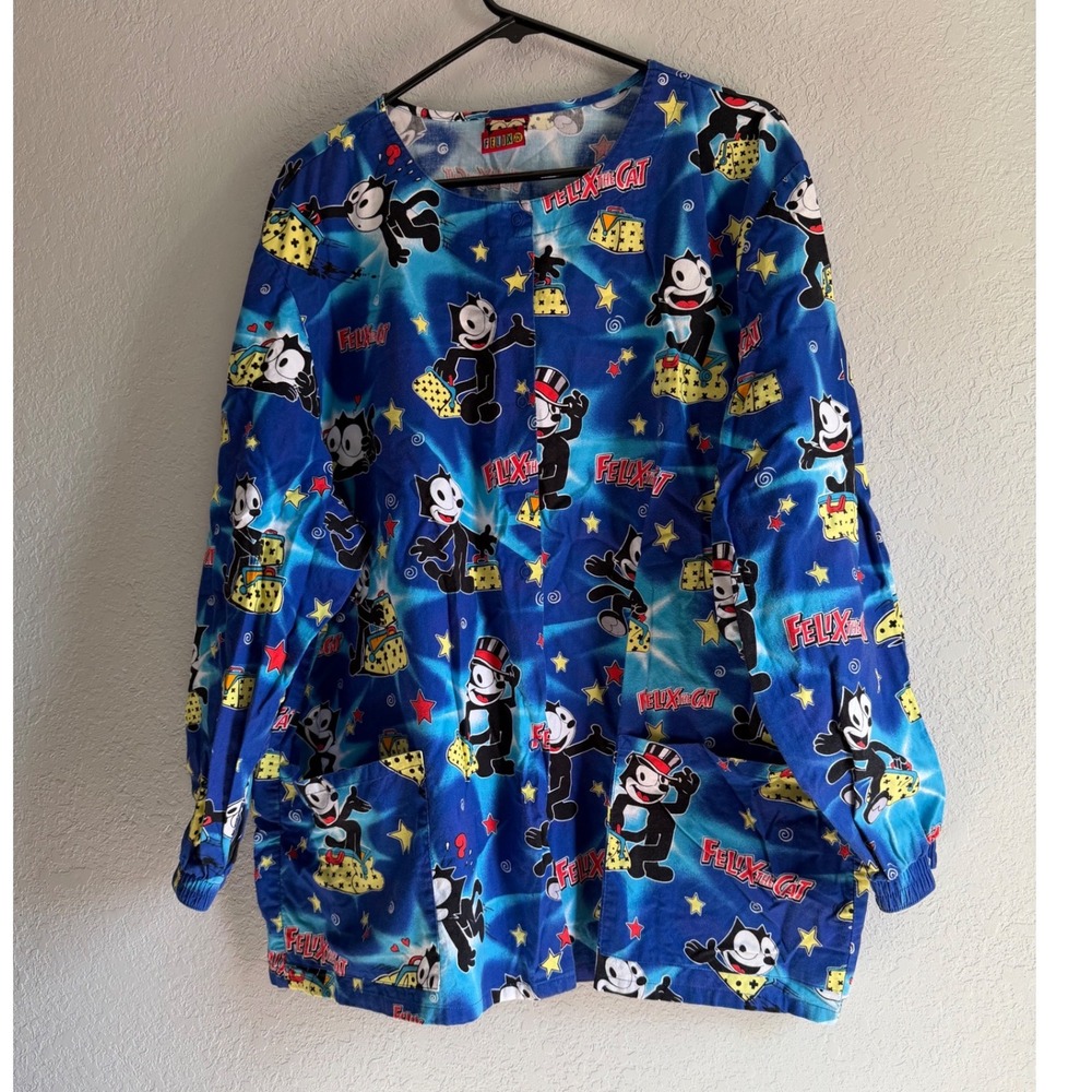 Vintage 2008 Felix the Cat Scrub Jacket XL Blue Cartoon Print Long Sleeve Cotton